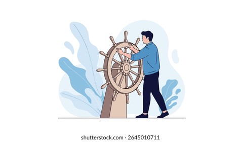O Homem Controlando o leme do navio Navegando num Mar de Oportunidades e Desafios