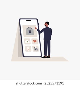 Homem controlando aplicativo doméstico inteligente em grande smartphone em ilustração vetorial plana simbolizando segurança doméstica, tecnologia móvel e conveniência, isolado no fundo branco.