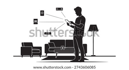 Man controlling smart home devices with mobile phone app silhouette