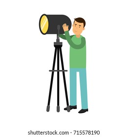 Man controlling studio lighting equipment on a tripod vector Illustration