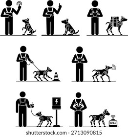 Homem Controlando e Treinamento Robótico Dog Vetor Ícones Set