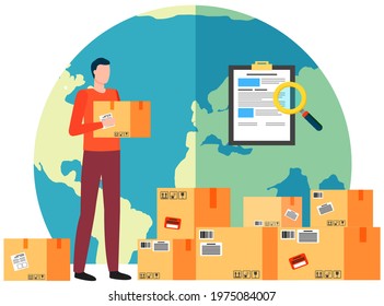 Man controls delivery of goods around world. Globe and parcels, document and geolocation poitier. Employee of company for parcels shipment. Guy marks boxes with goods to deliver all over planet