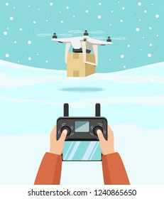 Man controls the drone. Dron holds the box.  Flat illustration for design.