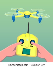 A man controls a drone. Hands holding  quadrocopter’s controller.