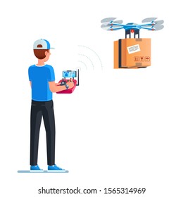 A man controls the drone with a joystick, delivering the package by air to the designated address. Flat vector drawing on white background.