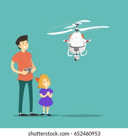 Man controls drone. Vector illustration.