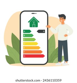 Man controls energy efficiency usage with mobile app. Energy rating class. Eco friendly energy consumption. Vector illustration.