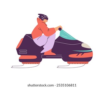 O homem controla uma motocicleta voadora de hovercraft. Carro do futuro. Alta tecnologia. Design futurista com formas arredondadas e otimizadas. Estilo de desenho animado. Vista lateral. Ilustração vetorial sobre fundo branco.