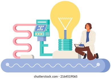 Man controls machine industry with light bulb. Development solution, manufacturing process, production concept. Scientist or engineer works with equipment. Recording indicators of industrial machinery