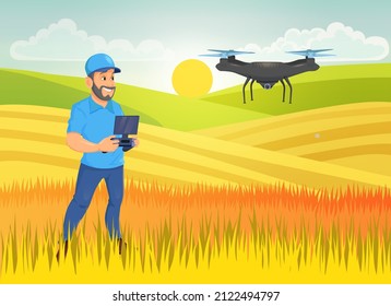 Man controls quadcopter distantly, wireless drone controller. Agricultural innovation, smart agronomy technology.