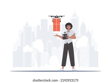 A man controls a quadcopter with a package. The concept of cargo delivery by air. Vector illustration.