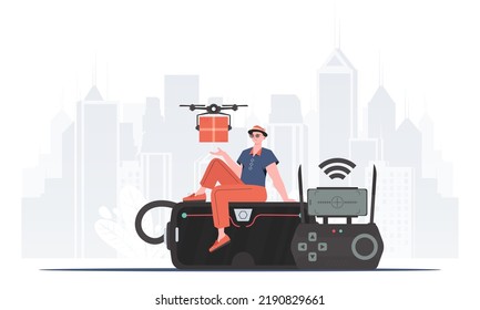 A man controls a quadcopter with a package. Delivery concept. trendy style. Vector.
