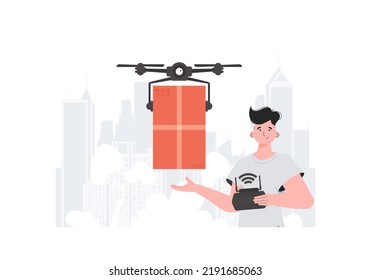 Un hombre controla un cuadrilátero con un paquete. Tema de entrega. Vector.