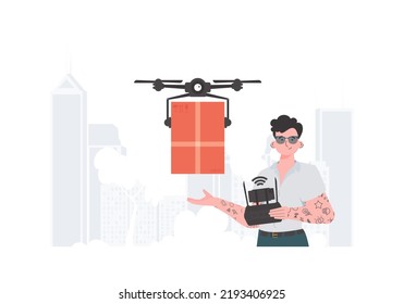 A man controls a quadcopter with a package. Delivery theme. trendy style. Vector illustration.