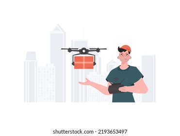 A man controls a quadcopter with a package. Delivery theme. Vector illustration.