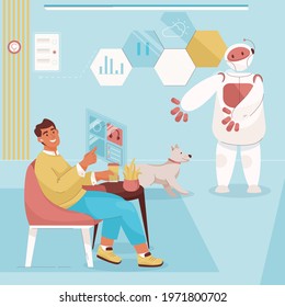 Man controls smart home system through touch panel sitting at armchair. Robot assistant helping, caring for dog. Automated innovative technology, safety monitoring. Vector character illustration scene