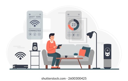 Man Controls Smart Home with Wireless System Scene