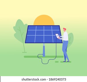 El hombre controla los paneles solares. Concepto de estilo de vida ecológico, energía renovable, energía limpia, panel solar, recurso alternativo, energía ecológica. Ilustración vectorial en diseño plano