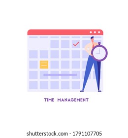 Man controls time. Businessman manages tasks and works efficiently. Concept of time management, productivity, multitasking. Vector illustration in flat design for UI, web banner, landing page