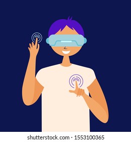 Man controls virtual reality glasses. Touch the sensor with your finger. Technological breakthrough. Vector editable illustration