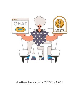 El hombre conversa con una IA robótica en sus manos, ilustrada en vector.