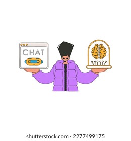 Man conversing with a robotic AI in his grasp, depicted in vector illustration.