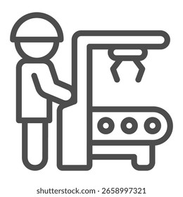 Homem no painel de controle transportador com ícone de linha de braço robótico, conceito de fabricação, trabalhador, sinal de garra de robô no fundo branco, ícone de estilo de contorno para design móvel e web. Gráficos vetoriais