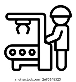 Man at conveyor control panel with robotic arm line icon, manufacturing concept, worker, robot claw sign on white background, outline style icon for mobile and web design. Vector graphics