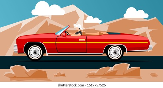 Man in convrtible red car with nature panorama vector design illustration