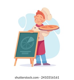 Man Cook or Chef Character in Uniform Stand at Wooden Board with Pizza Vector Illustration