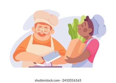 Man Cook or Chef Character in Uniform Chopping Vegetables with Knife Cooking Meal Vector Illustration