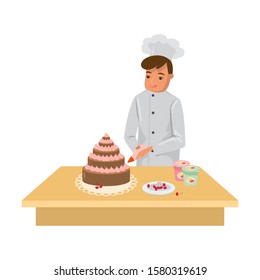 Man cook decorating freshly baked cake with cream vector illustration