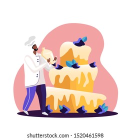 Man Cook Festive Cake with Berry Cream and decorating with leaves. Character in Chef Uniform and Cap Beautify Huge Pie. Bakery Giant Dessert for Birthday or Wedding Cartoon Flat Vector Illustration