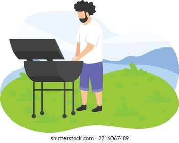 Man Cook Grill Meat On Bbq Concept, Preparing food at picnic point vector color icon design, Outdoor weekend Activity symbol, Tourist Holidays Scene Sign, Happy people at Vacation stock illustration
