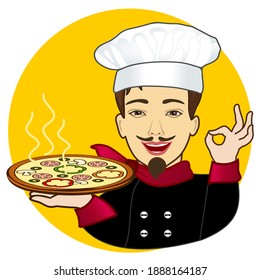 man cook holds in hand a round pizza with about sweet bell pepper, sausage and olives and the other hand shows italian sign very tasty, belissimo, clip art on white isolated background