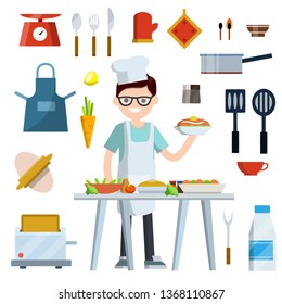 Man cook in kitchen. Set of objects for cooking. Knife, spoon, fork, scales, pan, glove, dough, apron, toaster, bottle of milk. Cook in cafe and restaurant. Cartoon flat illustration. Happy guy