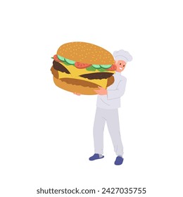 Man cook master chef cartoon character wearing uniform holding giant tasty burger fast food