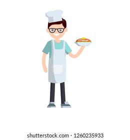 Man cook with a plate in hand. Delicious food and a waiter in a white apron and cap. Guy's cooking meal in the kitchen. Cartoon flat illustration