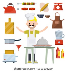Man cook preparing food. Work in cafes and restaurant. Kitchen elements. Kettle, barbecue, sausages, table, scales, apron, blender, sauce, toaster, pan. Waiter in cafe and restaurant. Flat cartoon