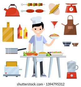 Man cook preparing food. Work in cafes and restaurant. Kitchen elements. Kettle, barbecue, sausages, dough, scales, apron, blender, sauce, toaster, pan. Waiter in cafe and restaurant. Flat cartoon