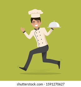 Man cook running with platter. Vector illustration