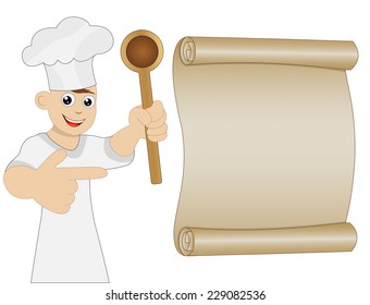 man cook with spoon in hand show on sheet of old paper,vector illustration