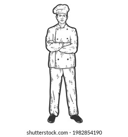Hombre, cocinar con uniforme. Esbozar color de imitación de tablero de arañazos. Grabando ilustración vectorial.