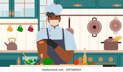 Man cook wearing protective medical mask showing his arm with bandage after receiving covid-19 vaccine. Concept of vaccination, health, immunization, healthcare, call of fight against coronavirus