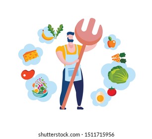 Man Cook in White Apron with Fork in Hands. Healthy Food Products. Grow Organic Vegetables. Vector Illustration. Organic Food. Produced by Natural Products. Fresh Vegetables. Healthy Lifestyle.