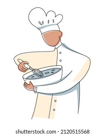 A man cook in a white cap and uniform prepares ingredients in a bowl with a whisk. 