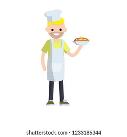 Man cook with a white robe and a cap holding a dish with food. A plate with a delicious lunch. Work in the kitchen, cafe and restaurant. The bearded chef
