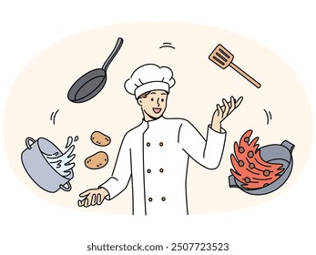 Man cook in white uniform and cap stands among flying pots and ingredients for cooking delicious soup. Professional guy cafe cook comes up with recipe for new dish for restaurant menu