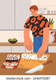 Mann kocht asiatische Sushi. Japanisches Gericht zu Hause, Küche. Charaktere kocht japanisches Essen in der Hausküche, Sprinkling Reis und Fischrollen mit Sesamsamen auf dem Schneidebrett. Flache Vektorgrafik