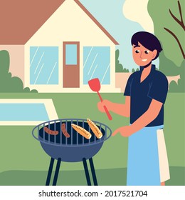 man cooking barbecue at backyard cartoon